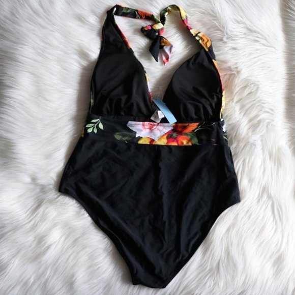 NEW Floral And Black Plunge Halter One Piece Bathing Suit Size XXL - Picture 6 of 9